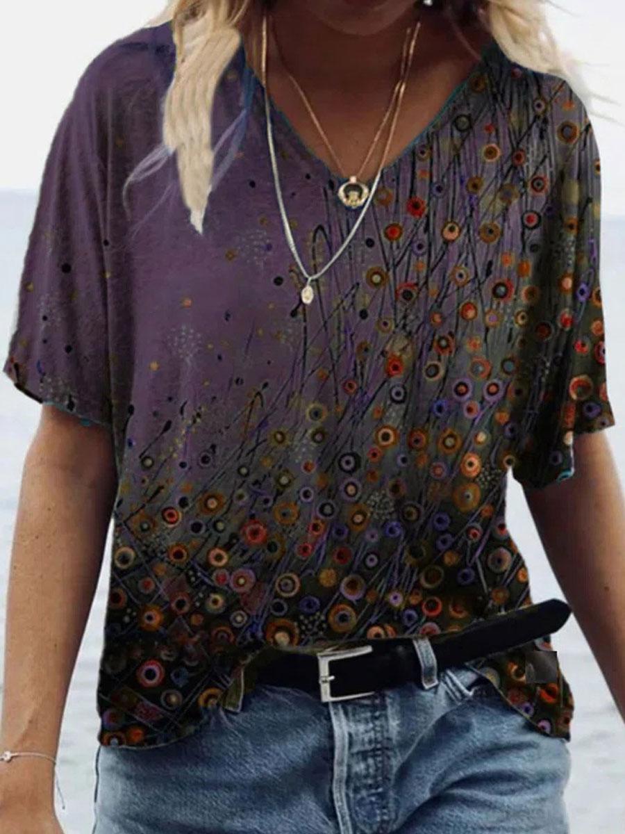 V-neck Printed Loose Short-sleeved Fashion T-shirt