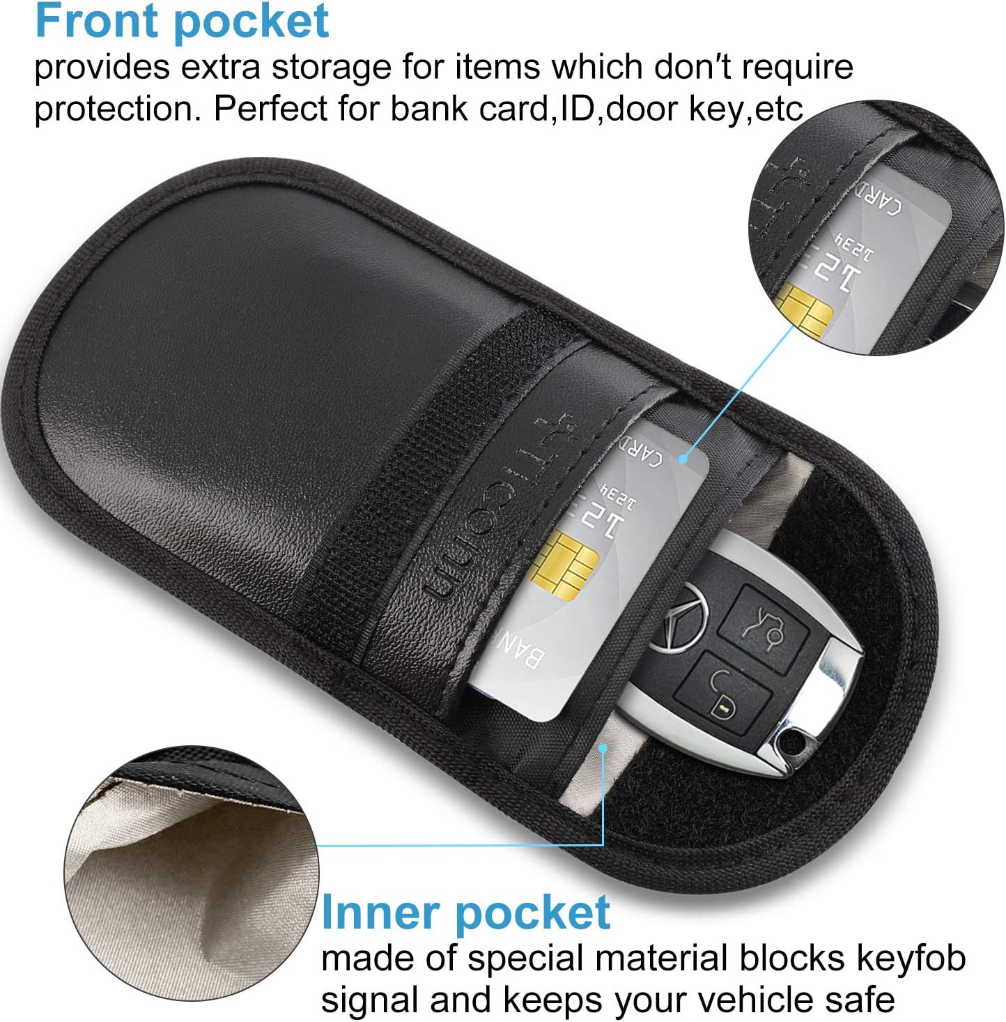 Faraday Bag for Key Fob (2 Pack), TICONN Faraday Cage Protector - Car RFID Signal Blocking, Anti-Theft Pouch, Anti-Hacking Case Blocker