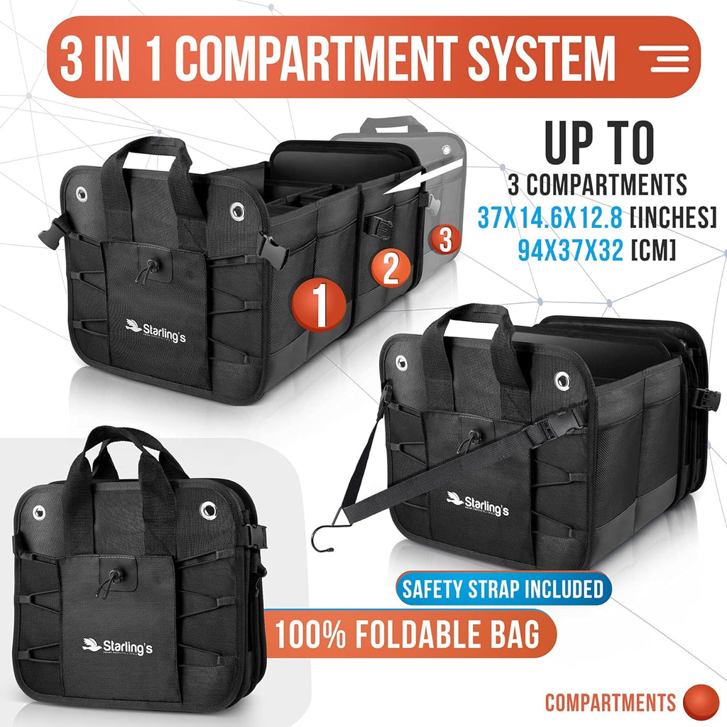 Starling's Car Trunk Organizer - Durable Storage SUV Cargo Organizer Adjustable (Black, 3 Compartments)