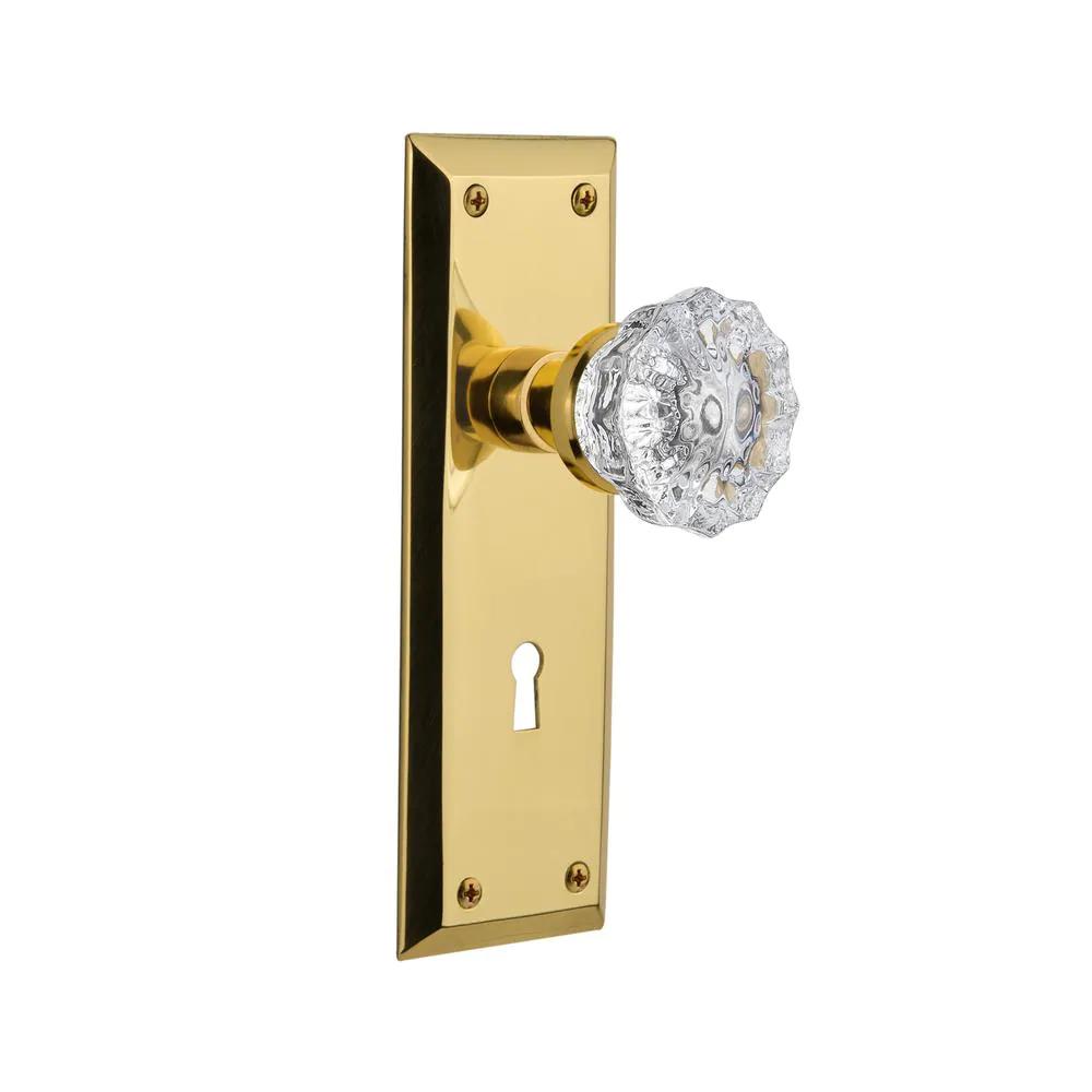 York Plate Interior Mortise Crystal Glass Door Knob in Unlacquered Brass