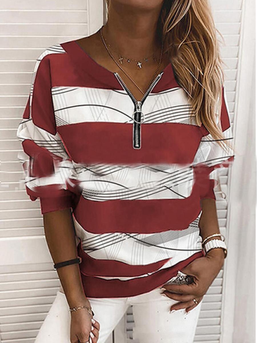V-Neck Zipper Stitching Abstract Geometric Wave Stripe Printed Sweatshirt
