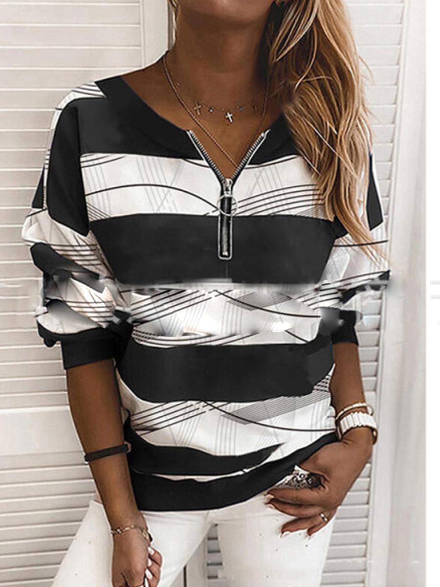 V-Neck Zipper Stitching Abstract Geometric Wave Stripe Printed Sweatshirt