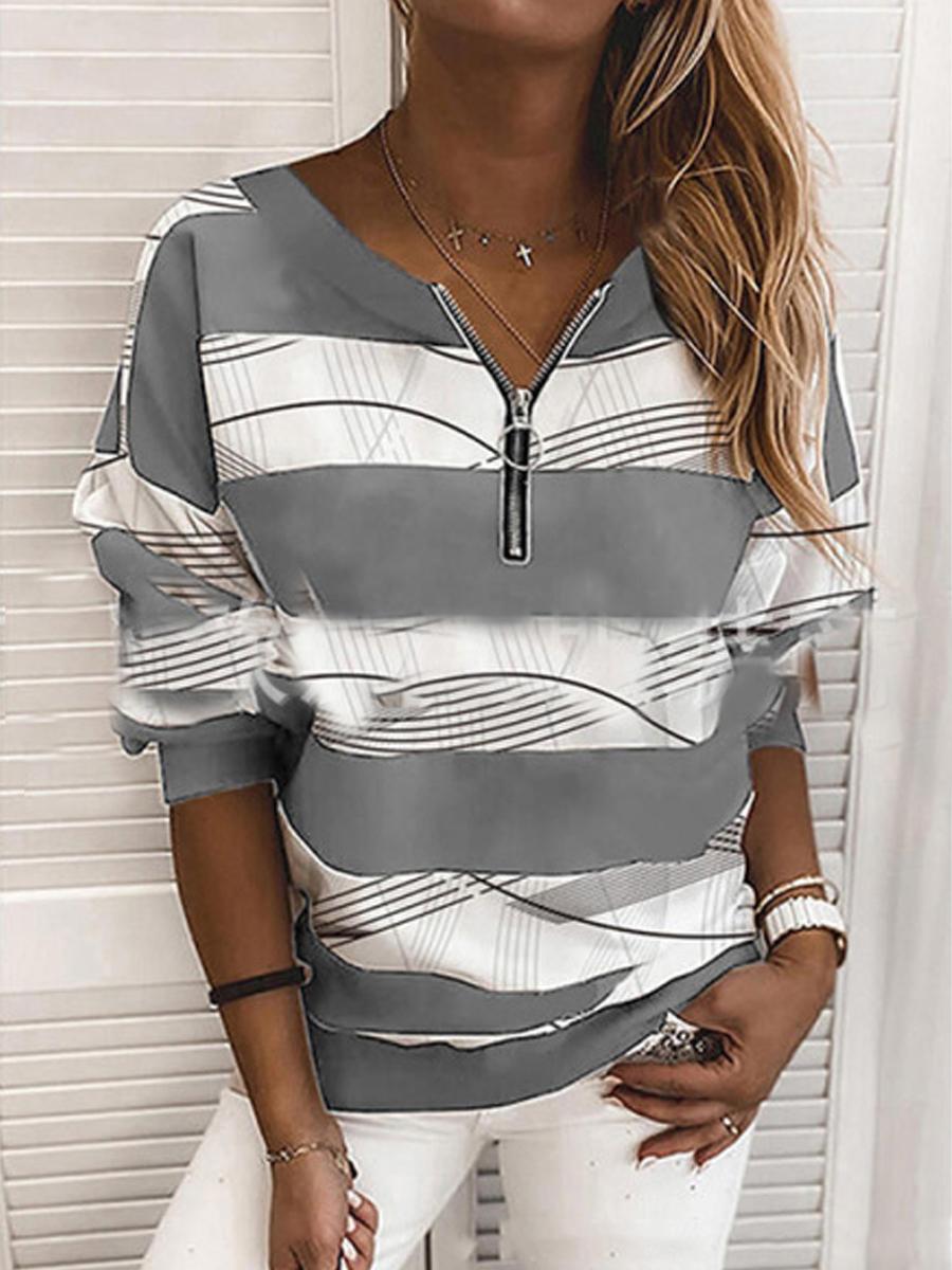 V-Neck Zipper Stitching Abstract Geometric Wave Stripe Printed Sweatshirt