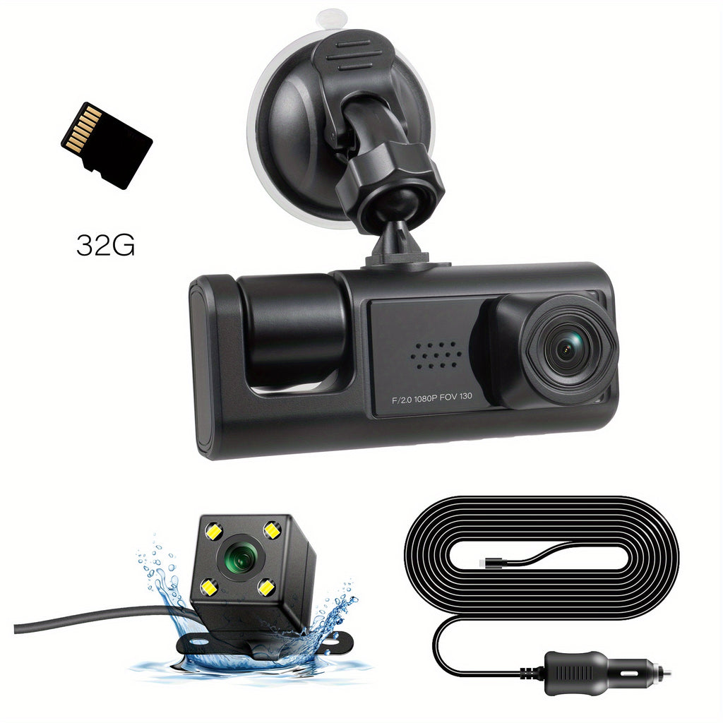3 Camera Lens Car DVR 3-Channel Dash Cam HD 1080P Dash Camera Dual Lens Dashcam Video Recorder Black Box Car ParMonitoring Insede IR Night Vision