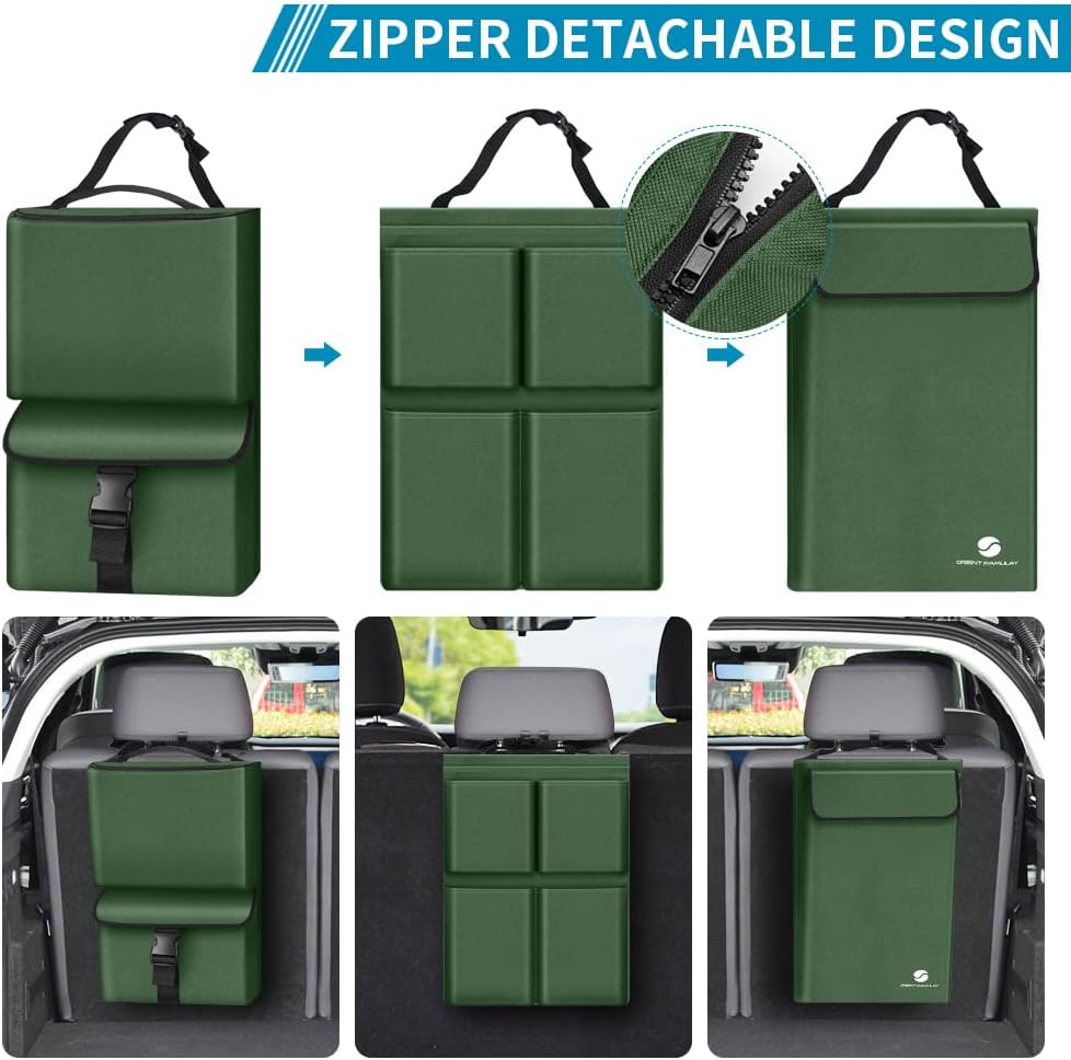 Car Trunk Organizer with Cooler, Hanging Car Organizers and Storage with Large Pockets, Zippers Detachable Seat Back Organizers Storage, Waterproof Car Storage Trunk Organizer for Jeeps, SUVs, Olive