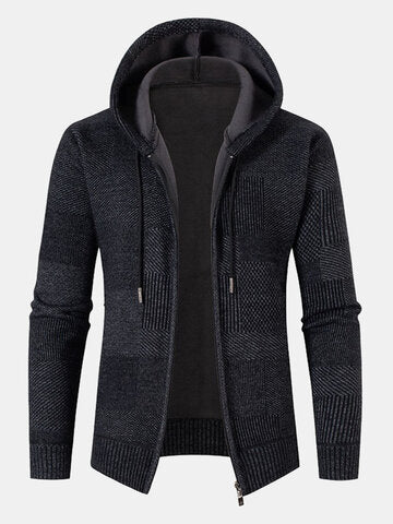 mens knitted zip front casual drawstring hooded cardigans with pocket