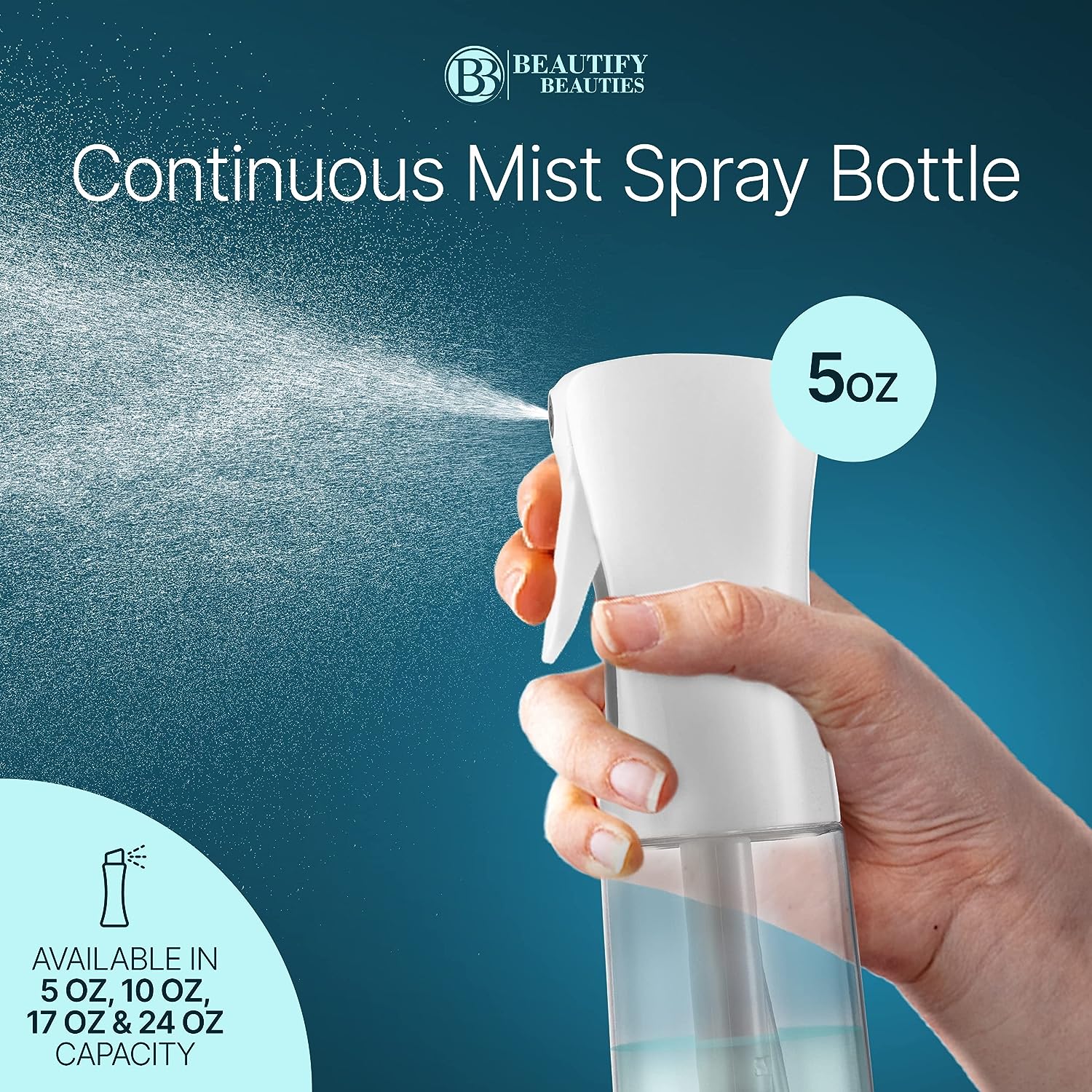 BeautifyBeauties Hair Spray Bottle – Ultra Fine Continuous Water Mister for Hairstyling, Cleaning, Plants, Misting &amp; Skin Care (5 Ounce)