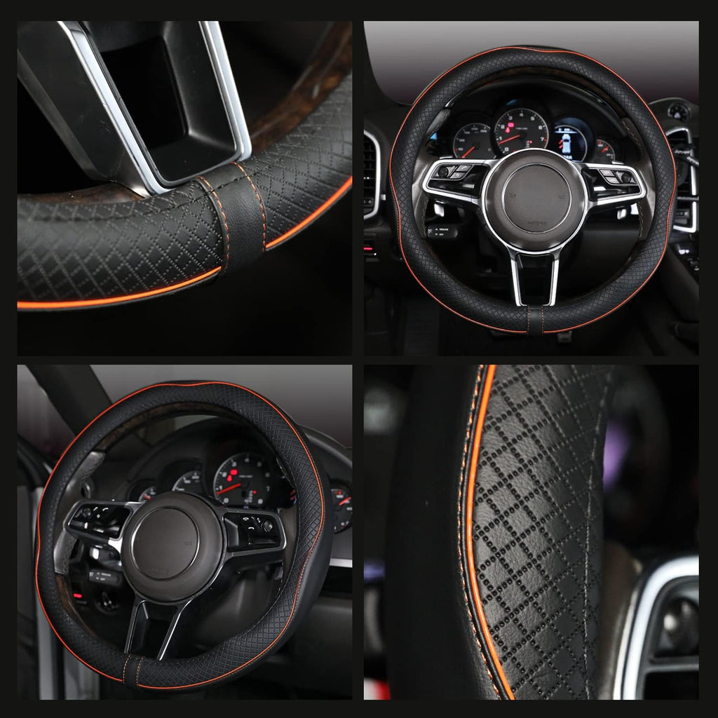 Car Steering Wheel Cover, Anti-Slip, Safety, Soft, Breathable, Heavy Duty, Thick, Full Surround, Sports Style (Black with Light Orange Line)