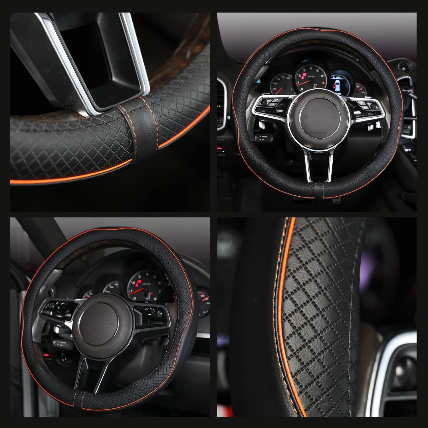 Car Steering Wheel Cover, Anti-Slip, Safety, Soft, Breathable, Heavy Duty, Thick, Full Surround, Sports Style (Black with Light Orange Line)