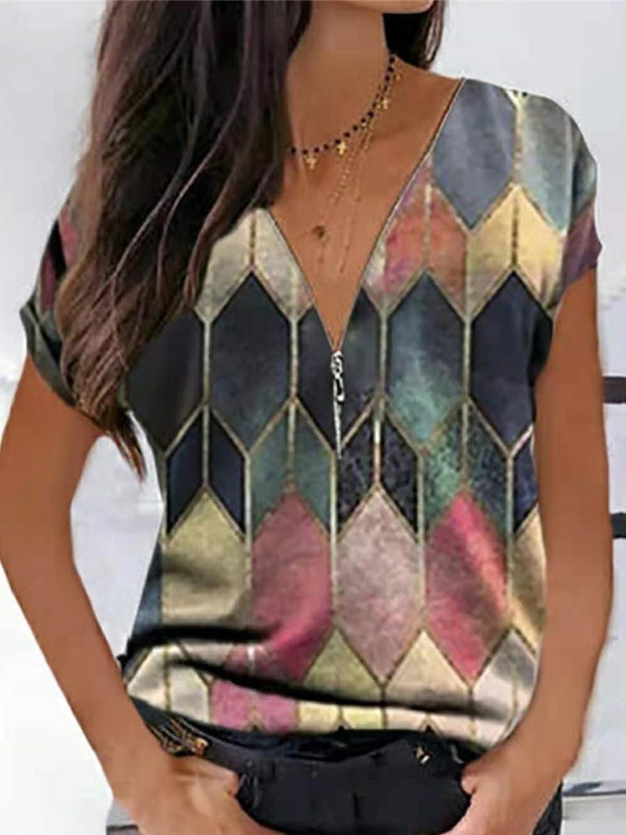 Casual Geometric Print V-Neck Short-Sleeved T-Shirt