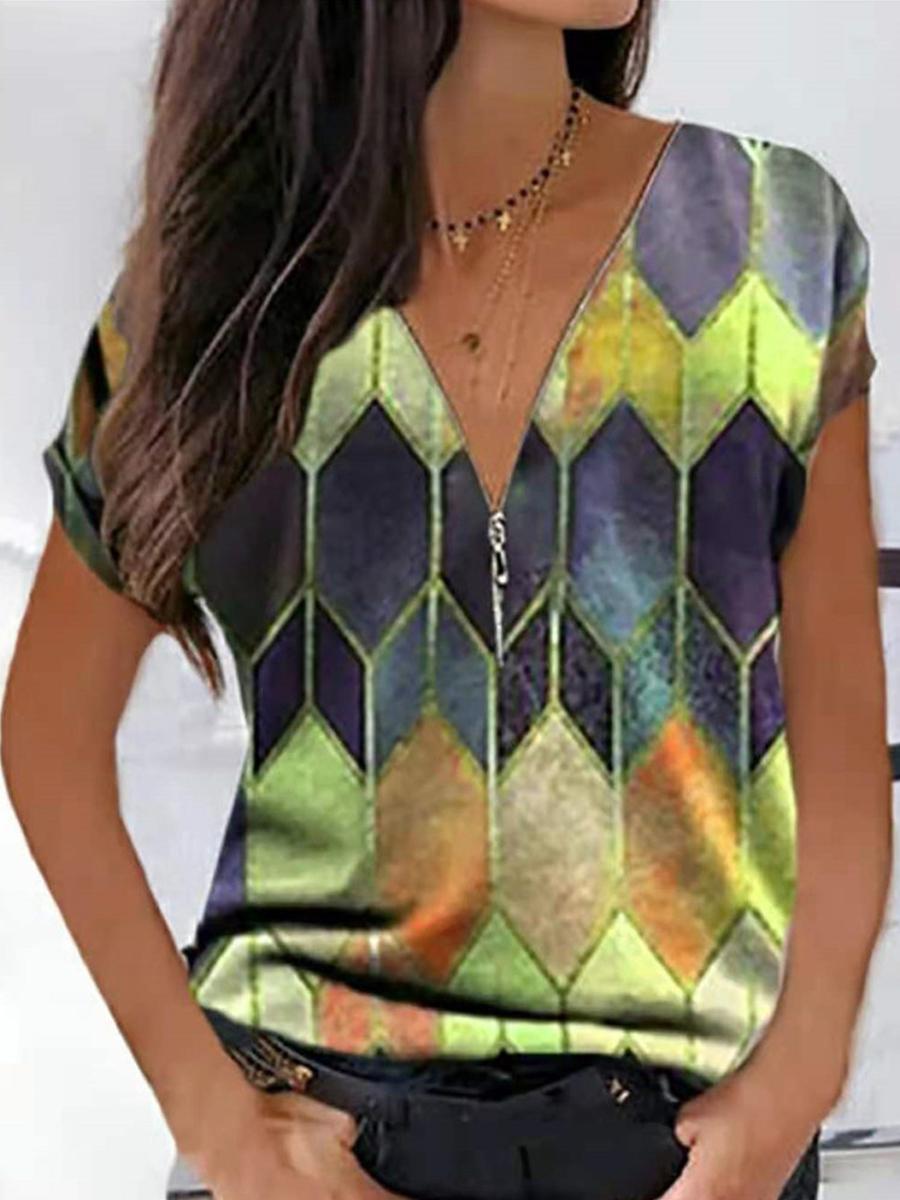 Casual Geometric Print V-Neck Short-Sleeved T-Shirt