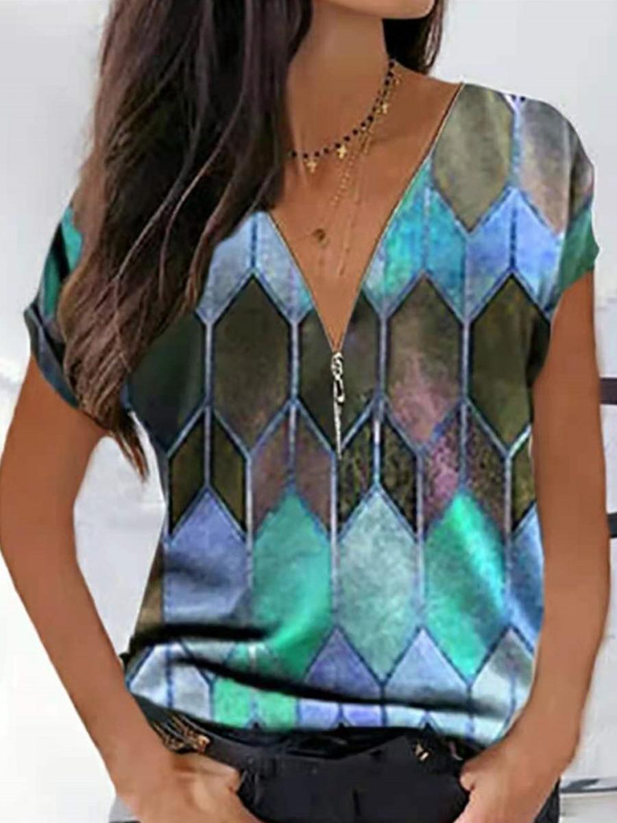 Casual Geometric Print V-Neck Short-Sleeved T-Shirt