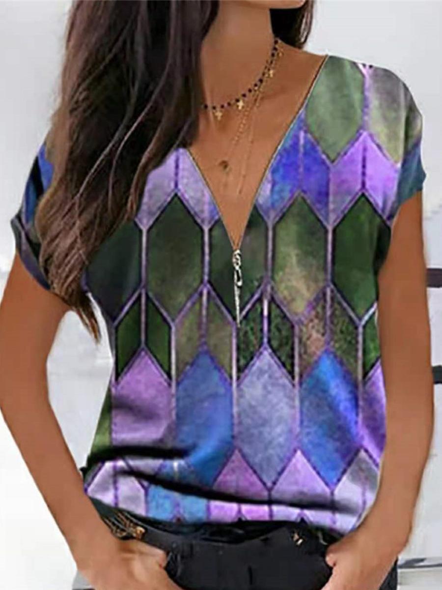 Casual Geometric Print V-Neck Short-Sleeved T-Shirt
