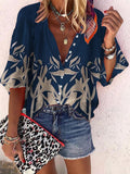 Casual Leaf Print Button-up Blouses Women