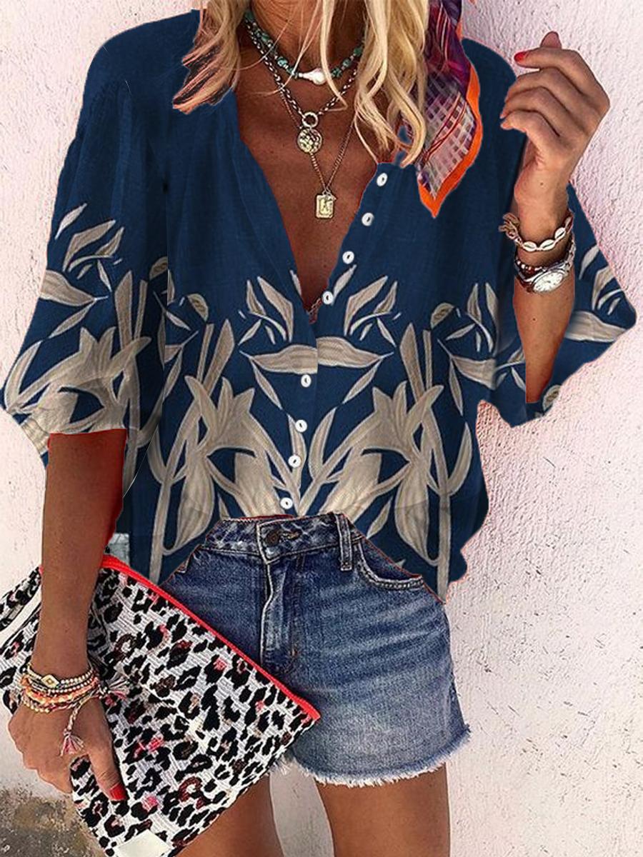 Casual Leaf Print Button-up Blouses Women