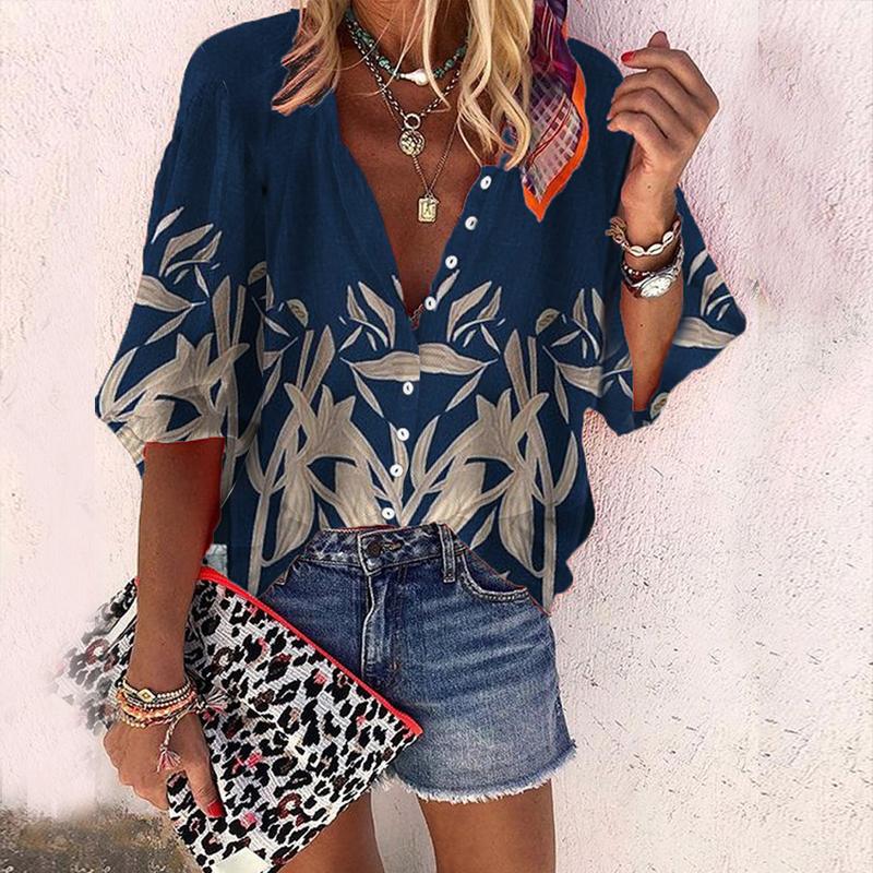 Casual Leaf Print Button-up Blouses Women