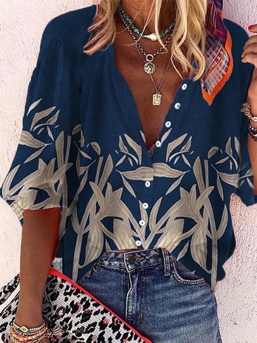 Casual Leaf Print Button-up Blouses Women