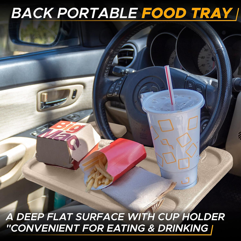 EcoNour 2 in 1 Car Steering Wheel Desk (Beige) | Steering Wheel Tray for Laptop Car Mount with Pen Holder | Car Food Tray for Eating with Drinks Holder | Multipurpose Travel Car Accessories