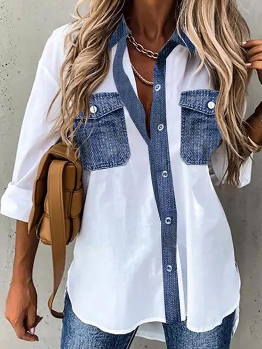Ladies Denim Patchwork Long Sleeve Shirt