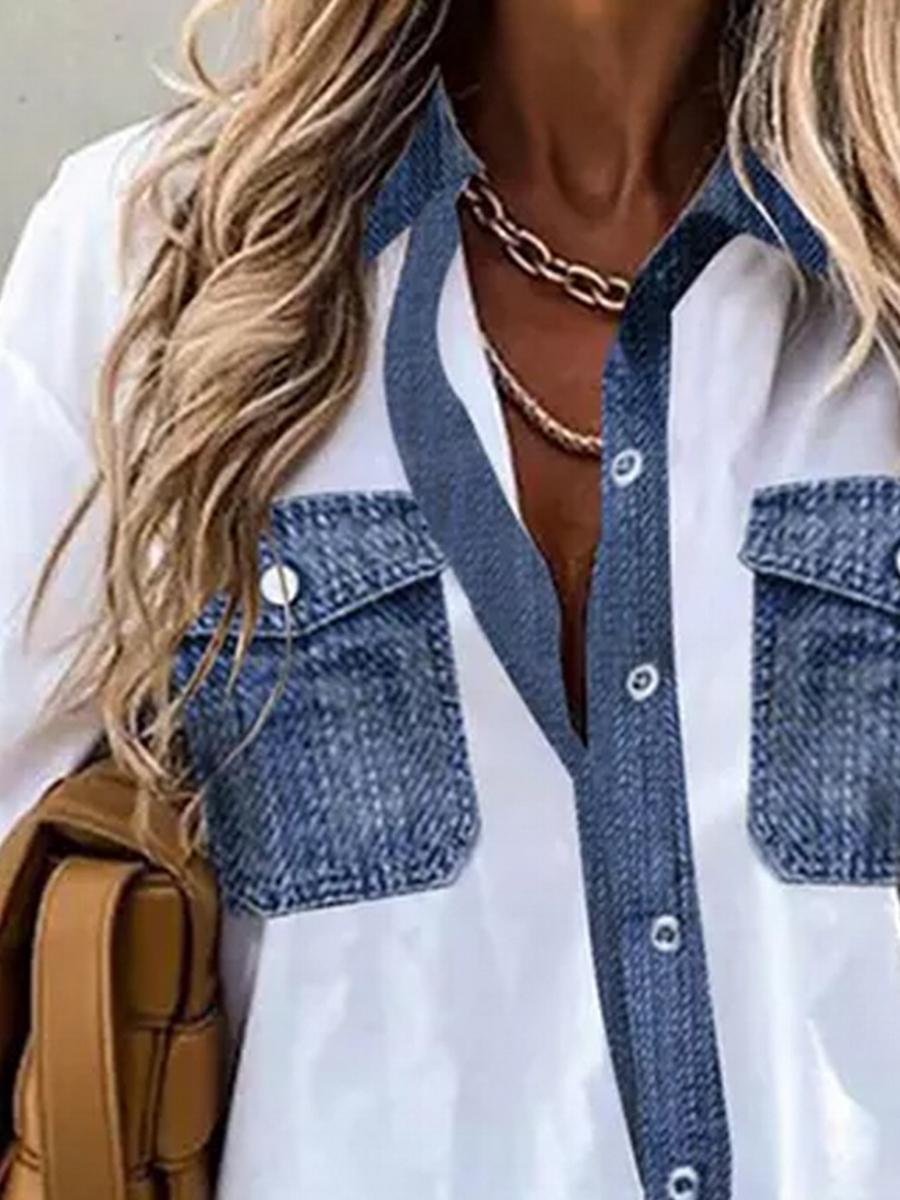 Ladies Denim Patchwork Long Sleeve Shirt