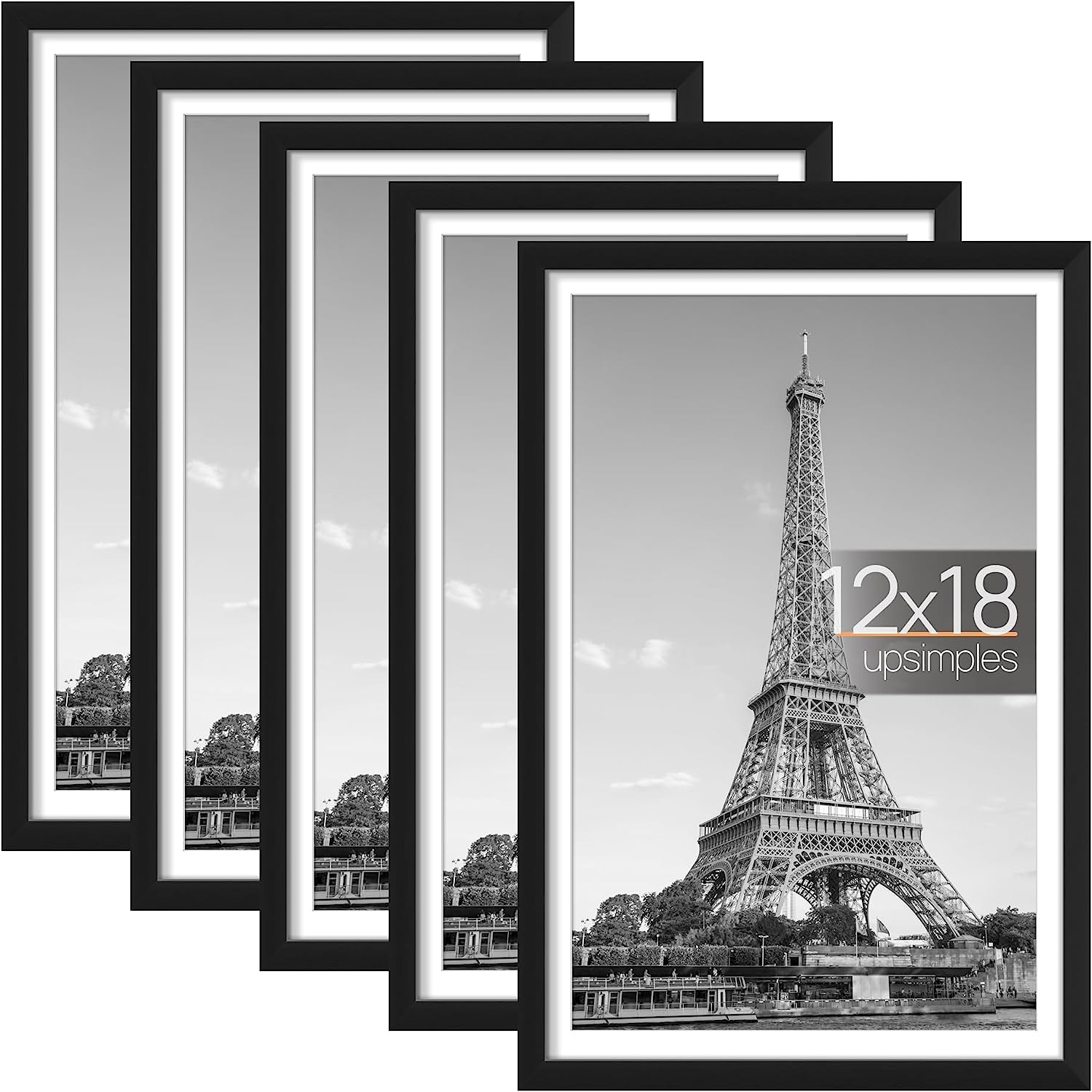 upsimples 12x18 Picture Frame Set of 5,Display Pictures 11x17 with Mat or 12x18 Without Mat, Wall Gallery Photo Frames,Black