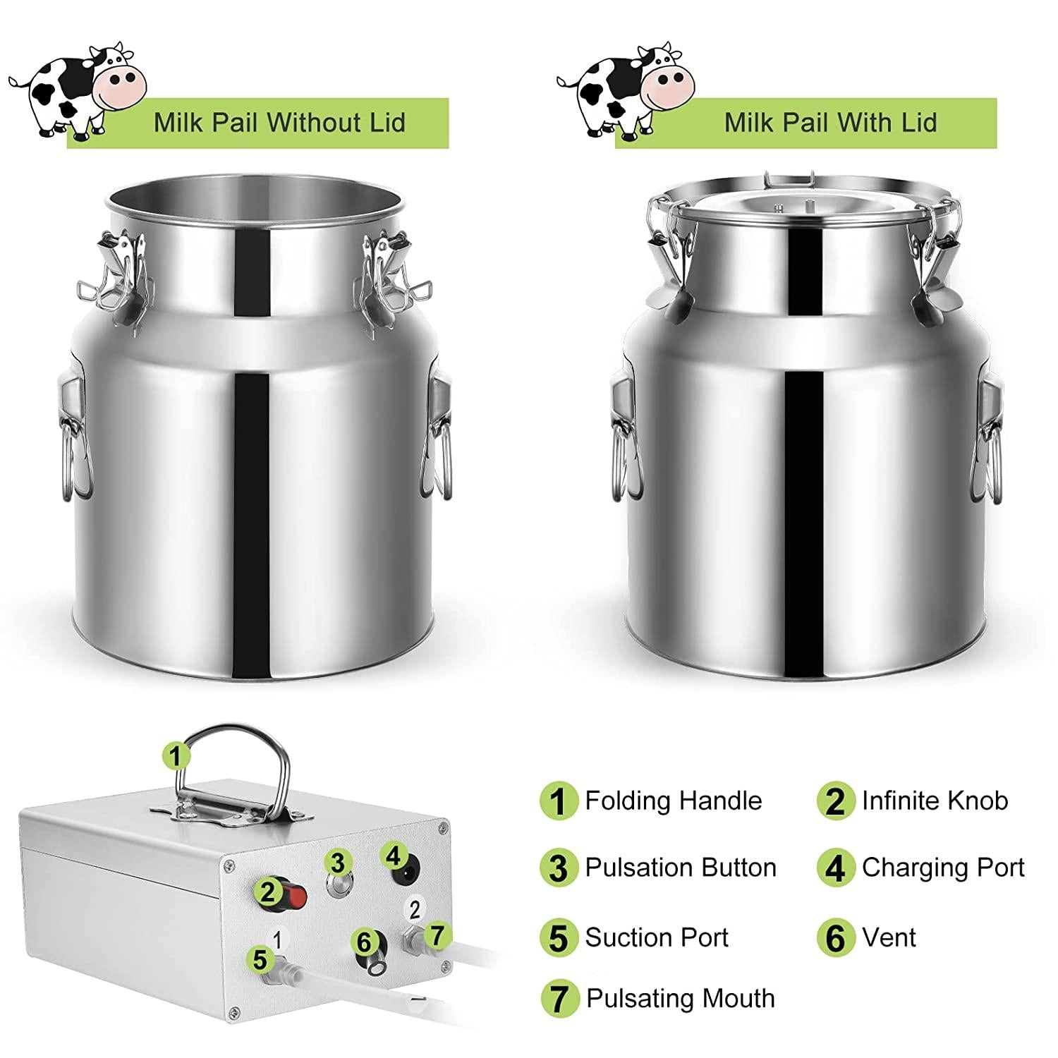 ARTYUIO 14L Cow MilMachine Automatic Pulsation Vacuum Pump Milker for Cows MilSupplies, w  Steel Bucket