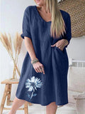 Ladies V-neck Watercolor Print Mid-sleeve Shift Dress