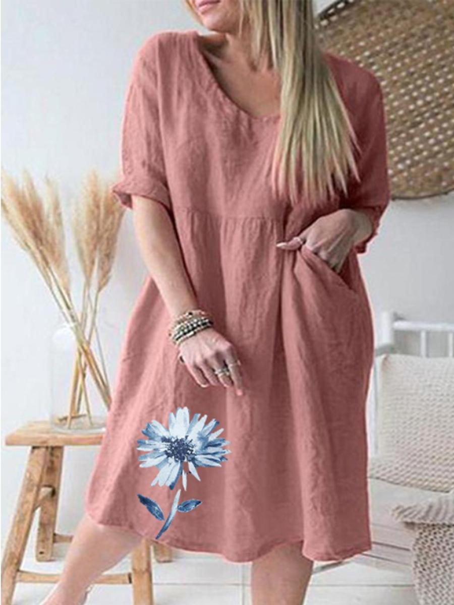Ladies V-neck Watercolor Print Mid-sleeve Shift Dress