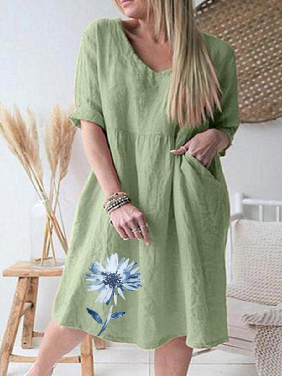Ladies V-neck Watercolor Print Mid-sleeve Shift Dress