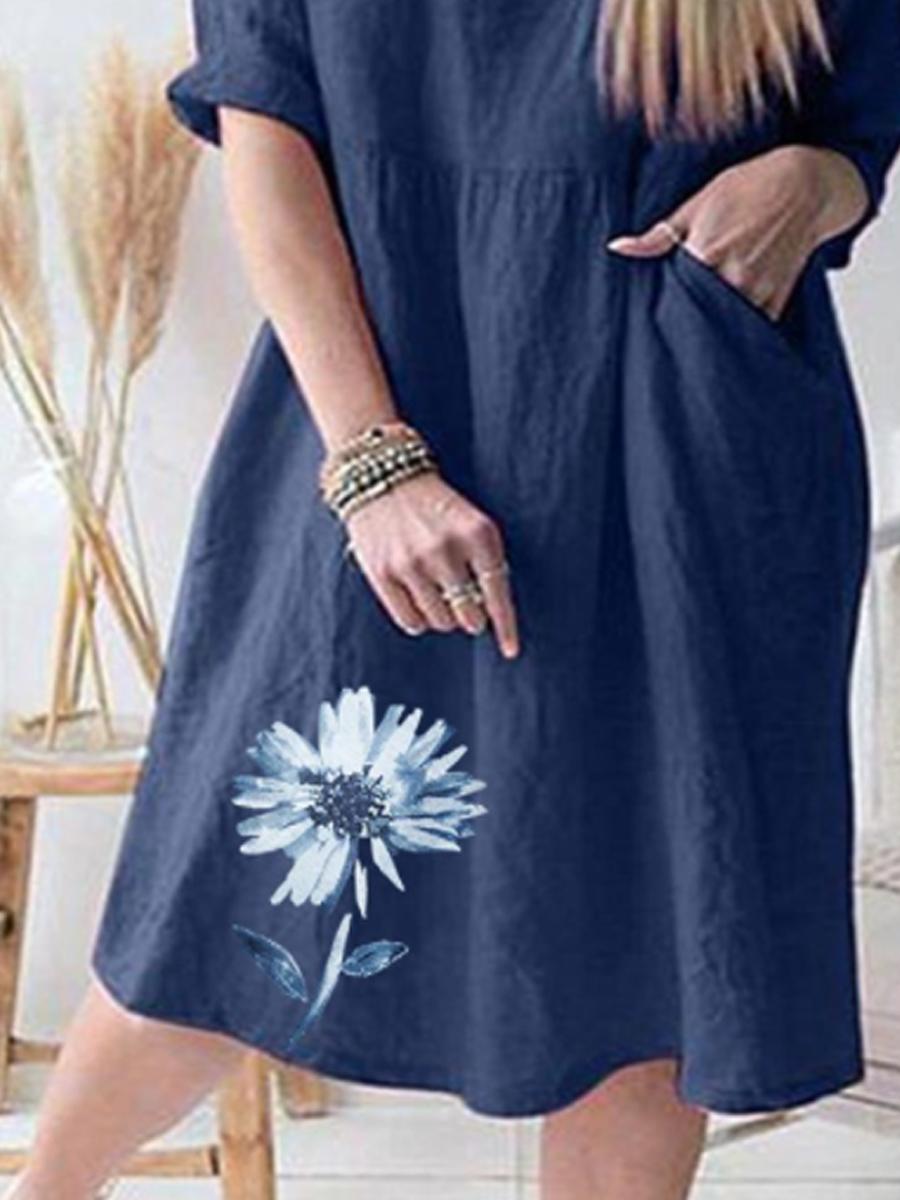 Ladies V-neck Watercolor Print Mid-sleeve Shift Dress