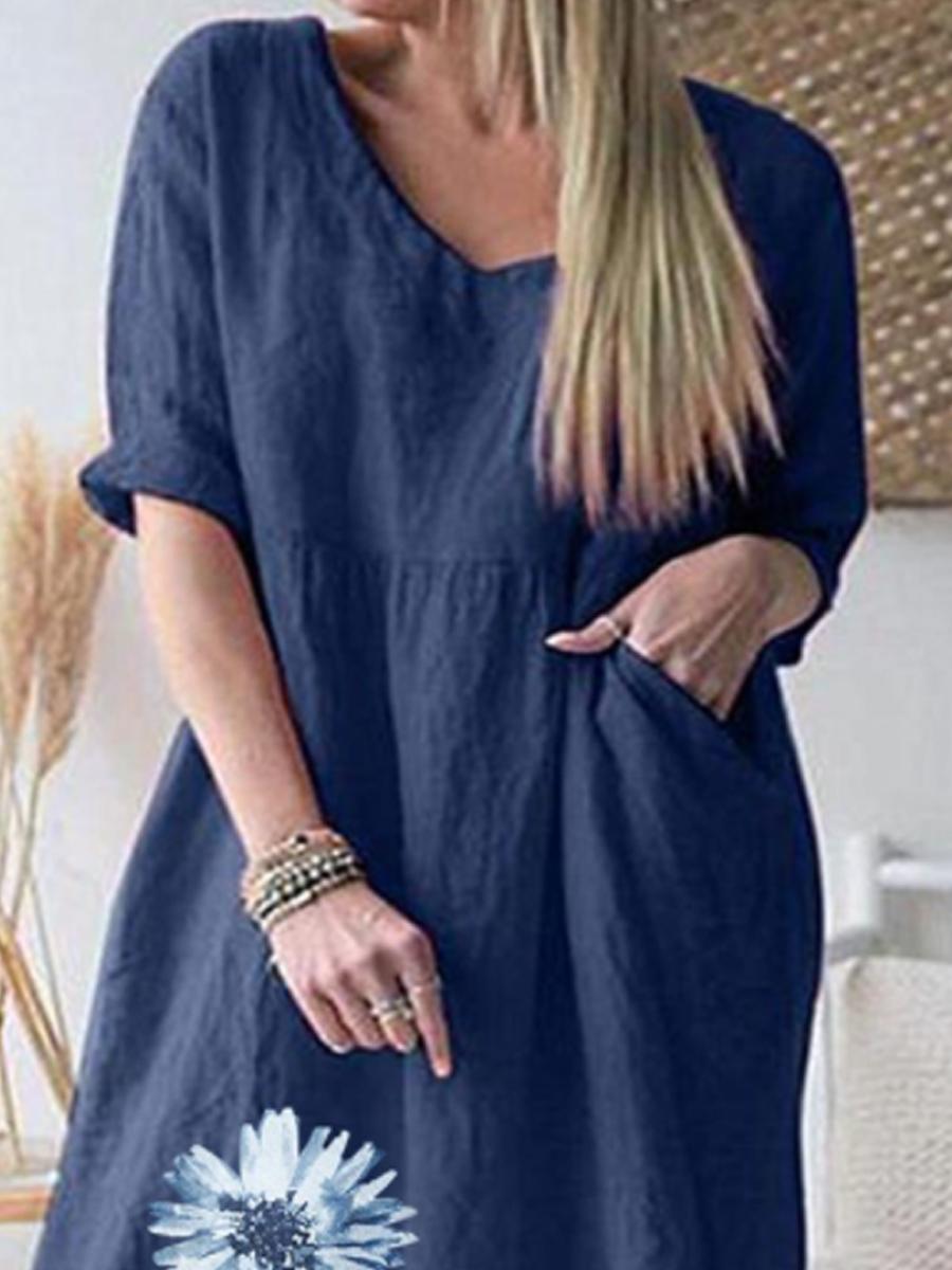 Ladies V-neck Watercolor Print Mid-sleeve Shift Dress