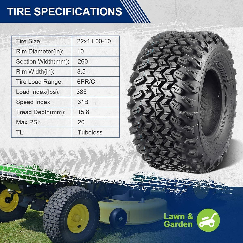 MaxAuto 2 Pcs All Trail Tire 22x11.00-10 Lawn Mower Golf Cart Tire for Hilly Terrian 6Ply