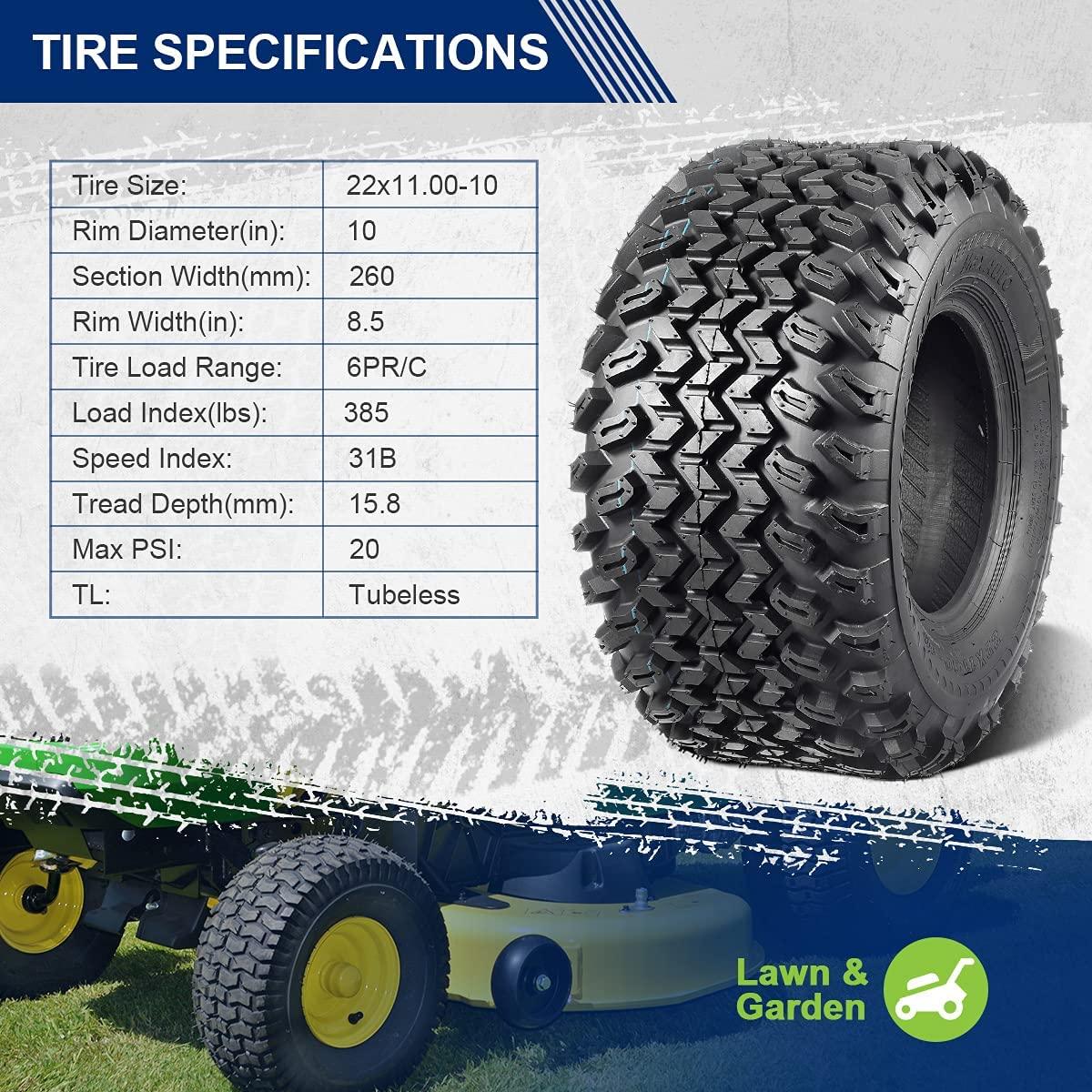 MaxAuto 2 Pcs All Trail Tire 22x11.00-10 Lawn Mower Golf Cart Tire for Hilly Terrian 6Ply