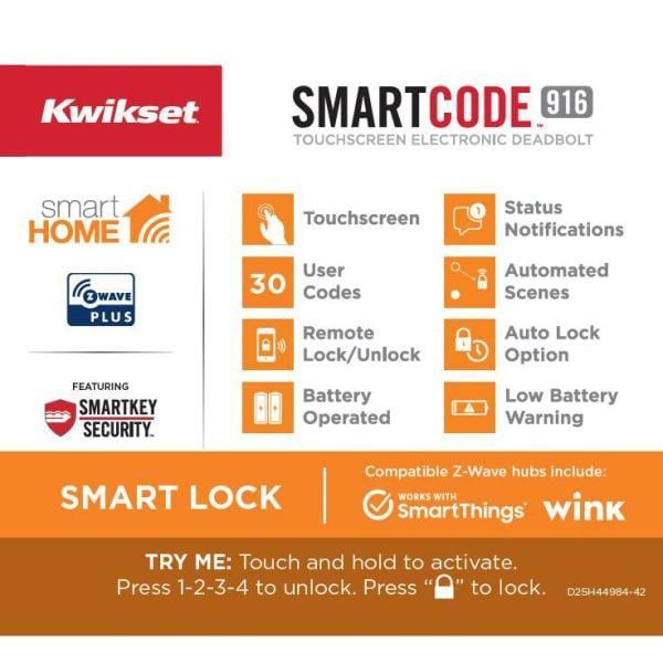 Z-Wave SmartCode 916 Touchscreen Venetian Bronze Single Cylinder Electronic Deadbolt Featuring SmartKey Security