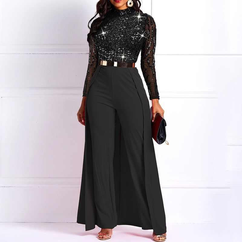 Fashion Stitching Sequined Long-sleeved Jumpsuit
