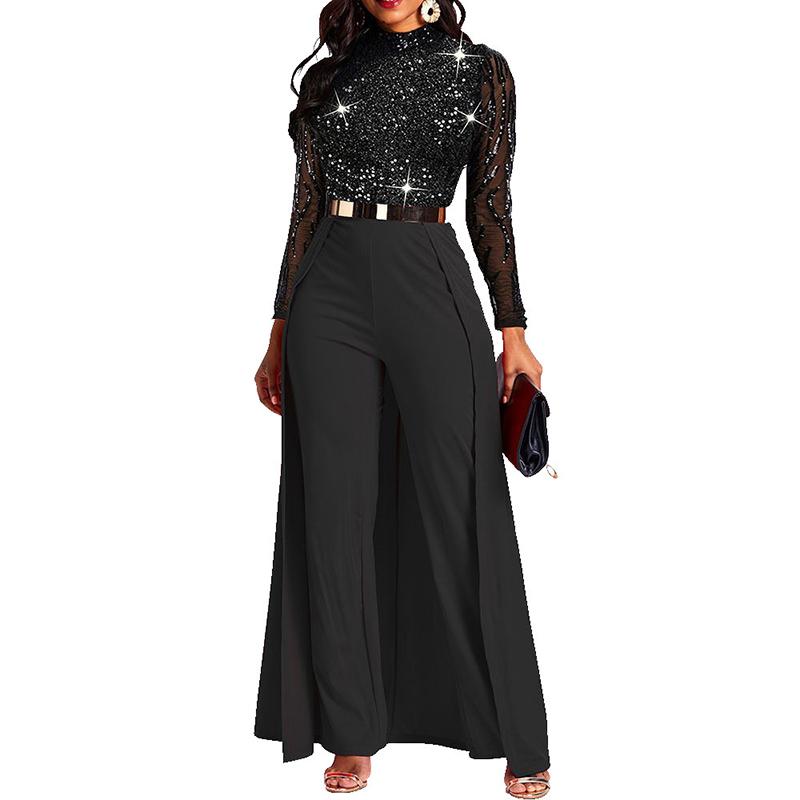 Fashion Stitching Sequined Long-sleeved Jumpsuit
