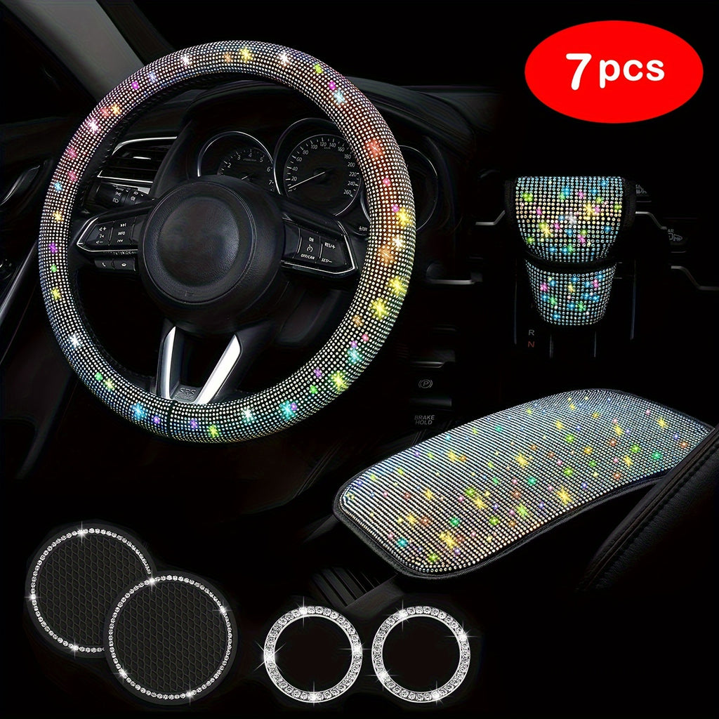 7Pcs Car Decoration Kit, Car Accessories, Car Steering Wheel Covers Set For Women, Bling White Artificial Diamond,  Center Console Cover Pad