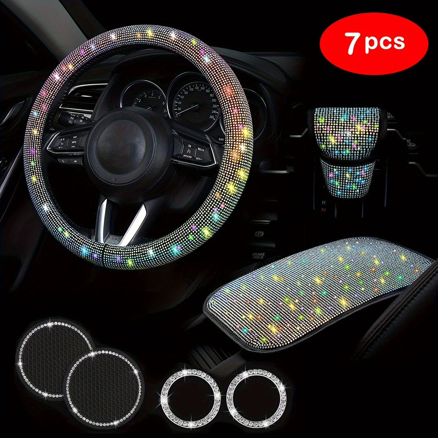 7Pcs Car Decoration Kit, Car Accessories, Car Steering Wheel Covers Set For Women, Bling White Artificial Diamond,  Center Console Cover Pad
