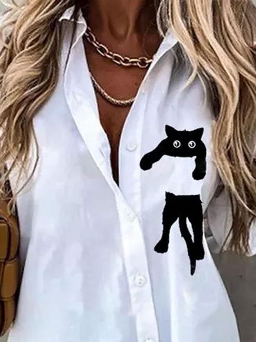 Cat Print Loose Casual Long Sleeve Blouse