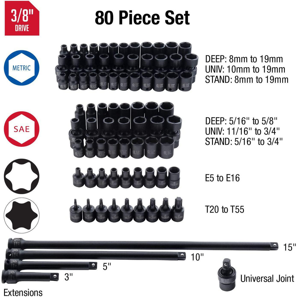 Sunex 3580, 3/8 Inch Drive  Impact Socket Set &amp; 1848, 1/4 Inch Drive  Impact Socket Set, 48-Piece, SAE/Metric, 3/16 Inch - 9/16 Inch, 4mm - 15mm, Standard/Deep