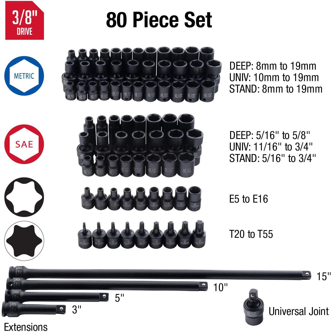 Sunex 3580, 3/8 Inch Drive  Impact Socket Set &amp; 1848, 1/4 Inch Drive  Impact Socket Set, 48-Piece, SAE/Metric, 3/16 Inch - 9/16 Inch, 4mm - 15mm, Standard/Deep