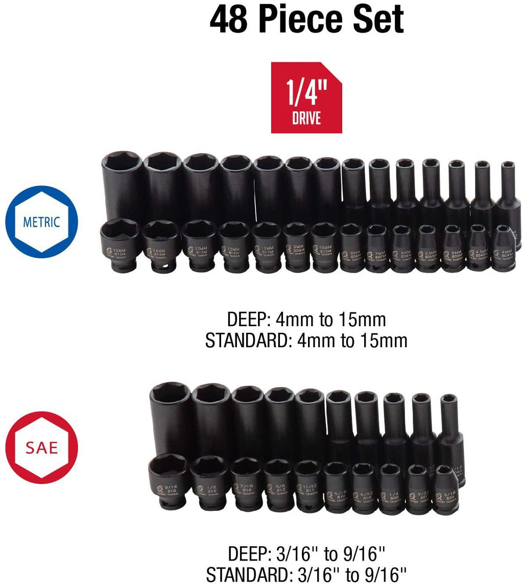 Sunex 3580, 3/8 Inch Drive  Impact Socket Set &amp; 1848, 1/4 Inch Drive  Impact Socket Set, 48-Piece, SAE/Metric, 3/16 Inch - 9/16 Inch, 4mm - 15mm, Standard/Deep