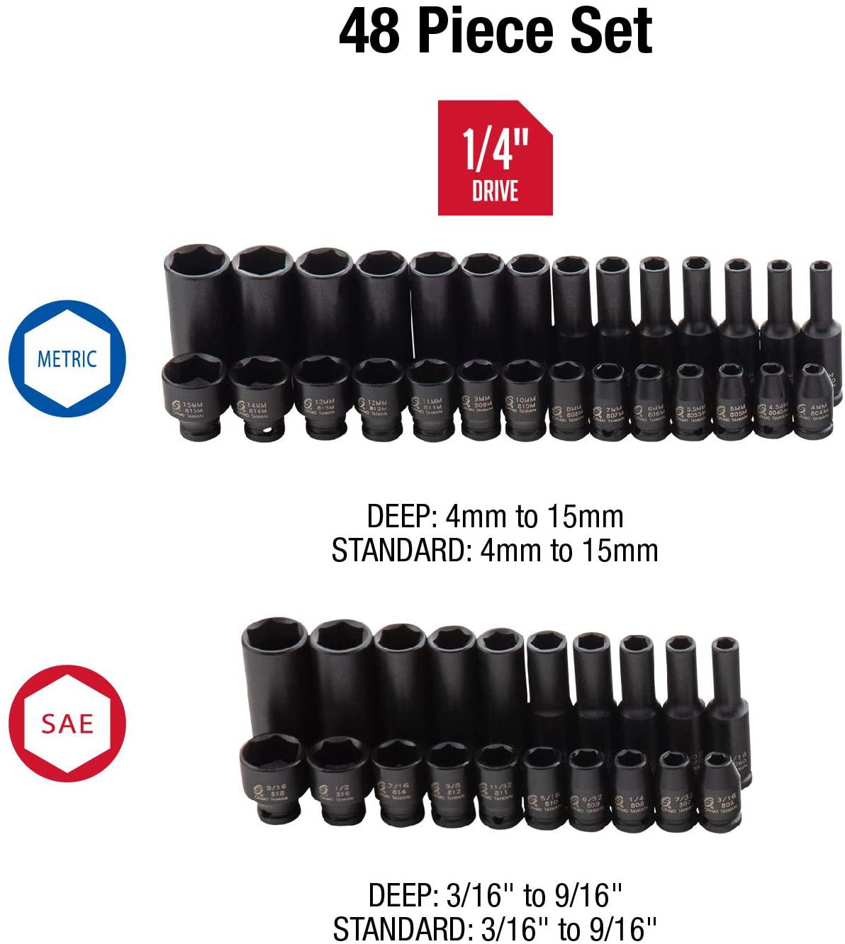 Sunex 3580, 3/8 Inch Drive  Impact Socket Set &amp; 1848, 1/4 Inch Drive  Impact Socket Set, 48-Piece, SAE/Metric, 3/16 Inch - 9/16 Inch, 4mm - 15mm, Standard/Deep