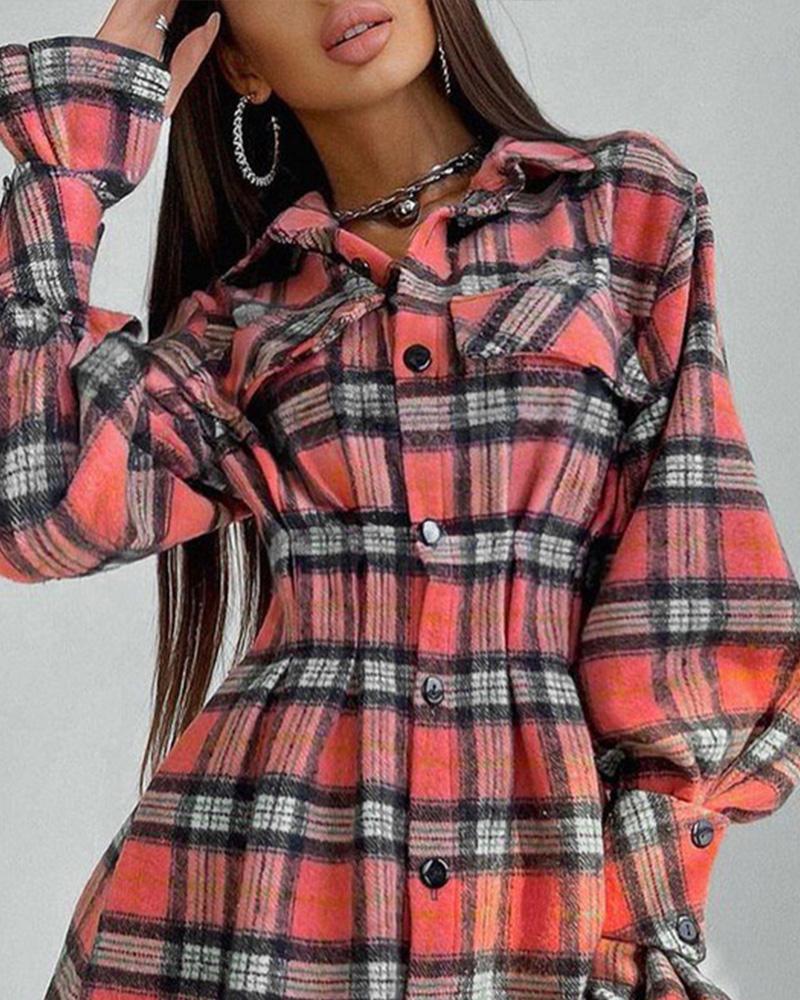 Plaid Print Long Sleeve Flap Detail Button Up Shirt Dress