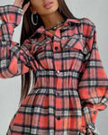 Plaid Print Long Sleeve Flap Detail Button Up Shirt Dress