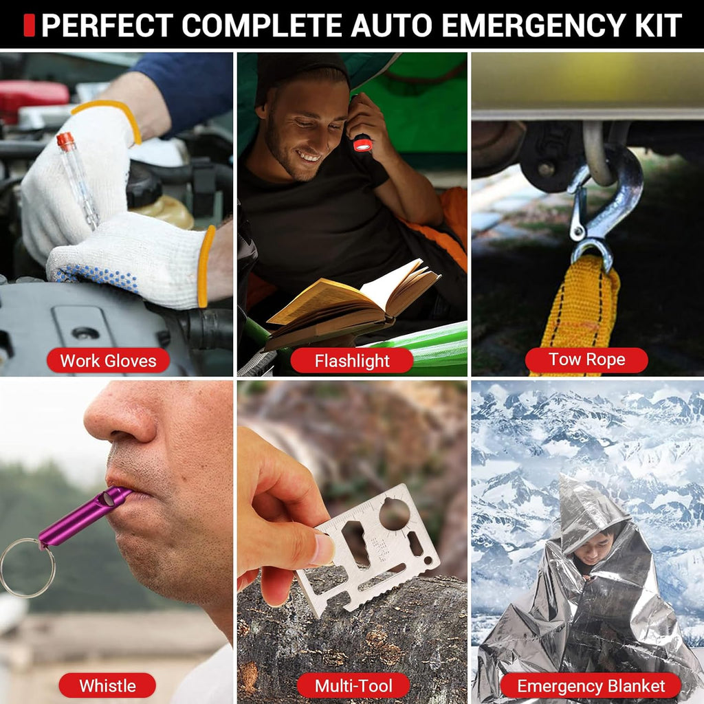 Car Emergency Kit, 23 in 1 Multifunctional Roadside Assistance Auto Safety Kit, First Aid Kit, Jumper Cables, Tow Rope, Triangle, Flashlight, Safety Hammer, and More Ideal Survival Pack Accessories