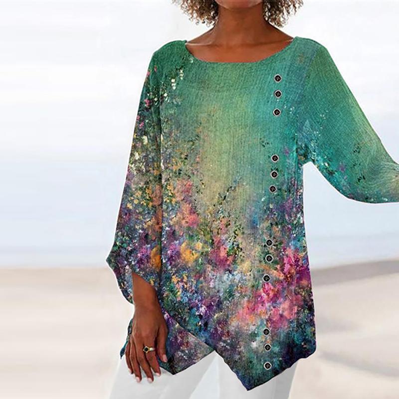 Fashion round neck long sleeve floral print top