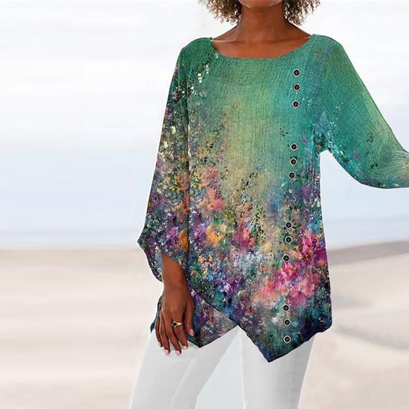 Fashion round neck long sleeve floral print top