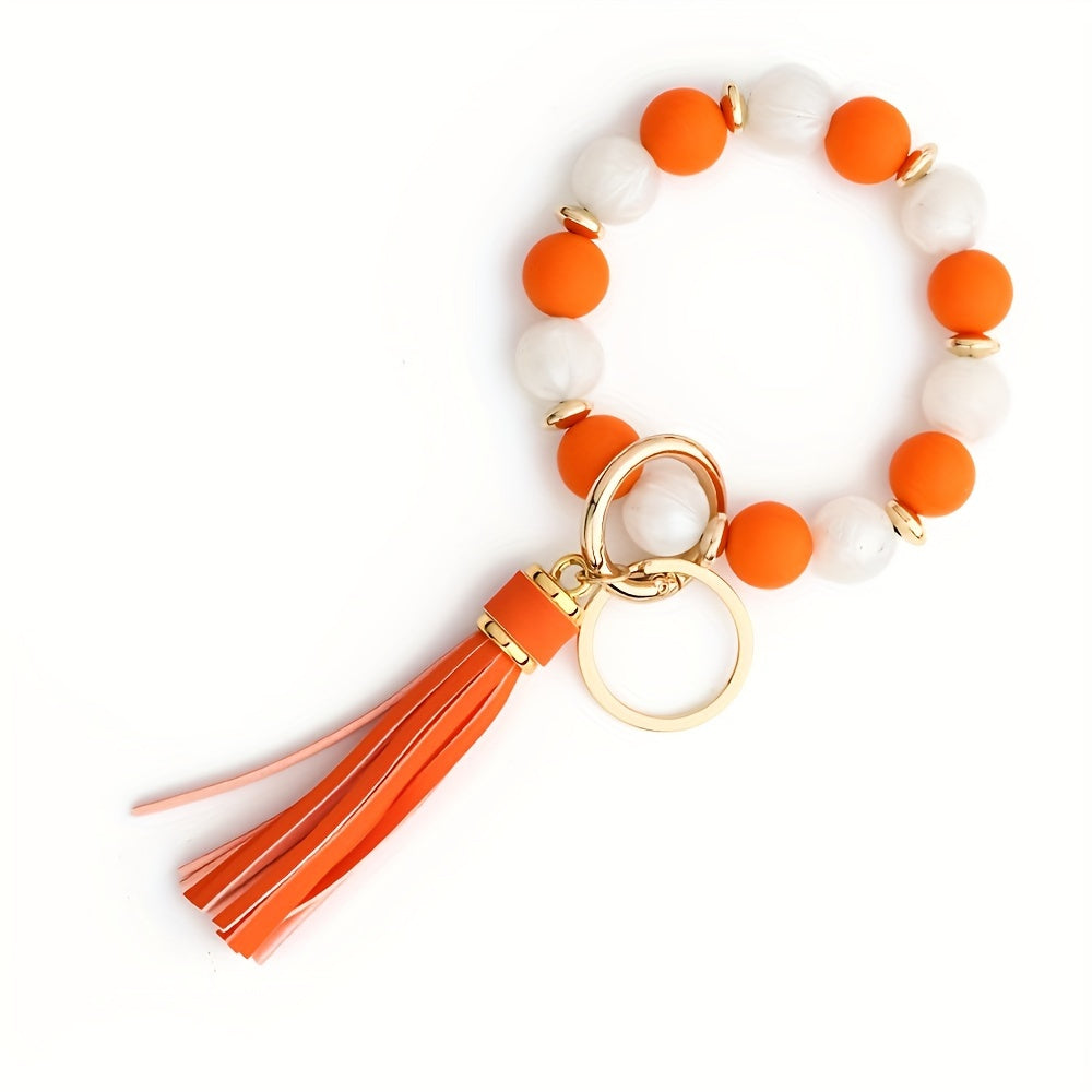 Silicone Beaded Bracelet Keychain, Key Ring Bangle Wristlet Keychain With Faux Leather Tassel For Women/Girls