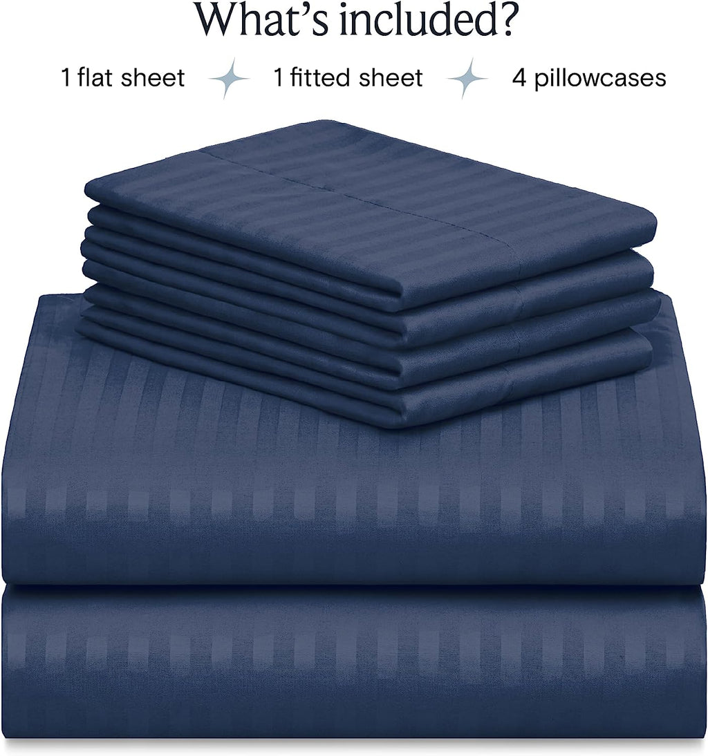 LuxClub King Size Striped Sheets Set, 6 PC Striped Bed Sheets, Deep Pockets 18" Eco Friendly Wrinkle Free Cooling Sheets Machine Washable Hotel Bedding Silky Soft (King, Striped Navy)